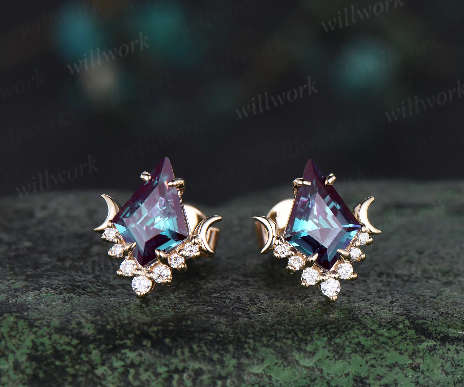 Dainty Kite Cut Alexandrite Stud Earrings Unique diamond Moon Earrings Vintage 14k yellow Gold June Birthstone Alexandrite Pierced Earrings sold by Willwork Jewelry product image thumbnail 2