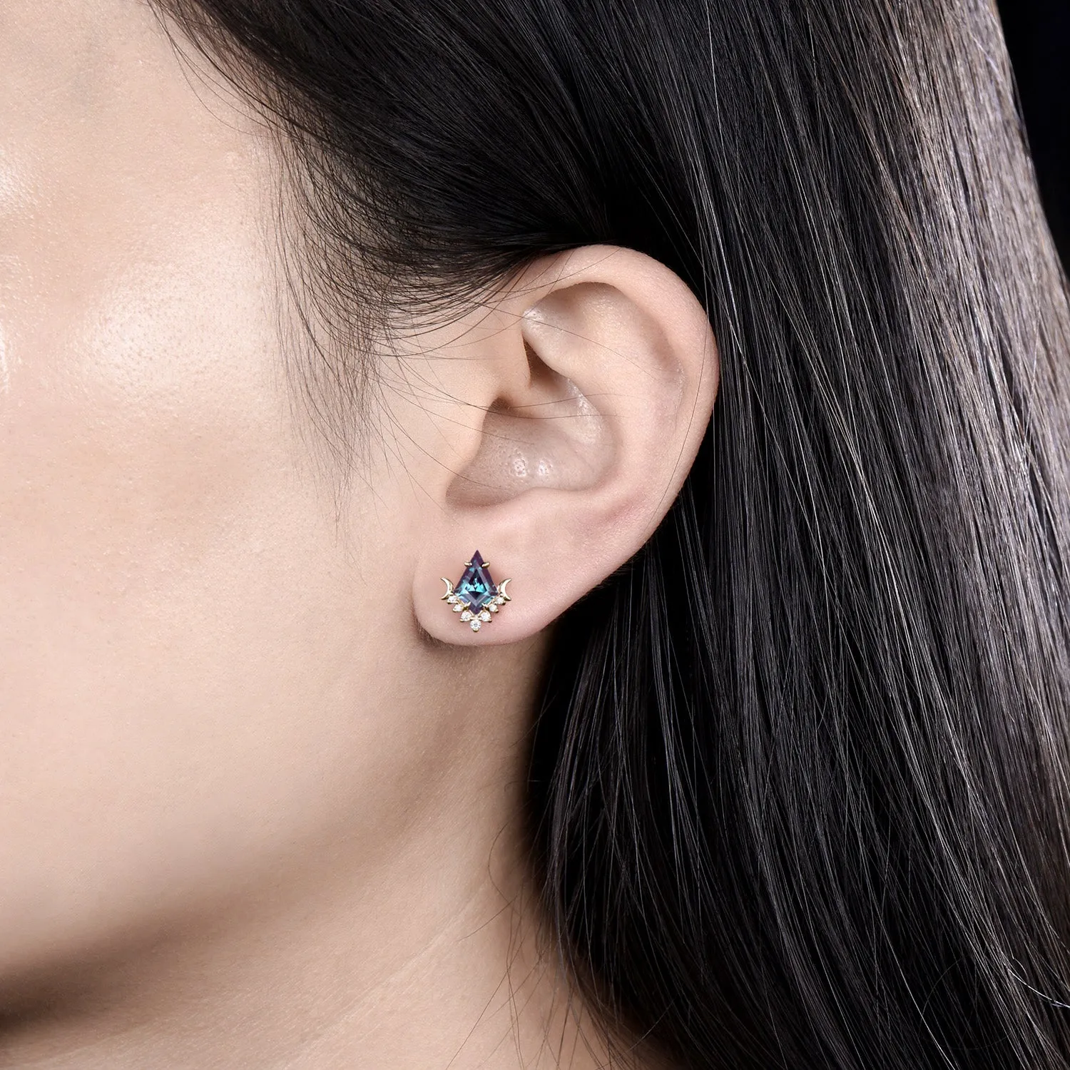 Dainty Kite Cut Alexandrite Stud Earrings Unique diamond Moon Earrings Vintage 14k yellow Gold June Birthstone Alexandrite Pierced Earrings sold by Willwork Jewelry product image thumbnail 3