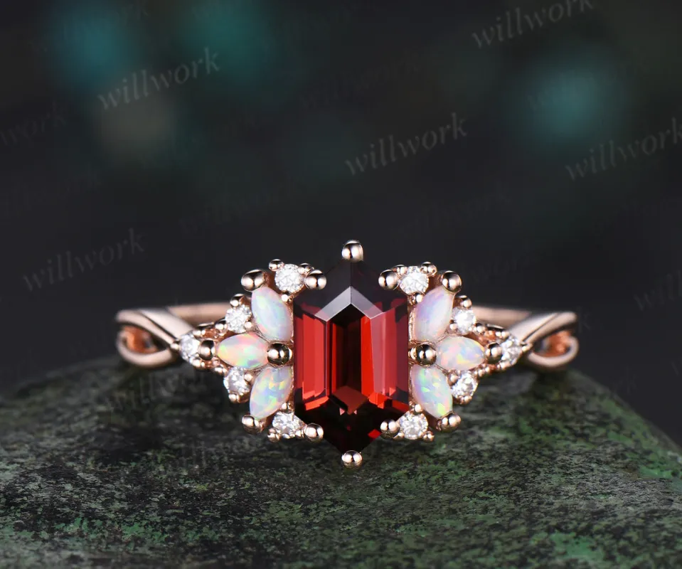 Long Hexagon cut garnet engagement ring rose gold women cluster opal diamond unique promise ring her infinity anniversary gfit sold by Willwork Jewelry