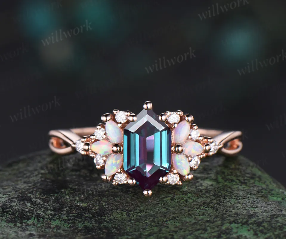 Long Hexagon cut alexandrite engagement ring rose gold women cluster opal diamond unique promise ring her infinity anniversary gfit sold by Willwork Jewelry