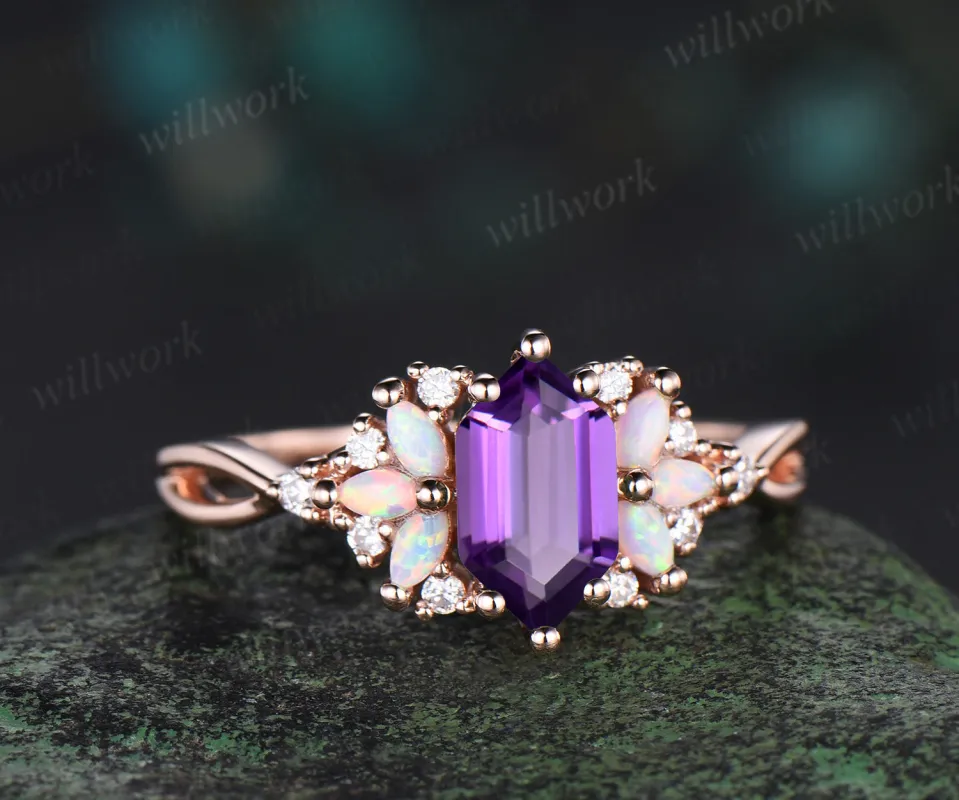 Long Hexagon cut amethyst engagement ring rose gold women cluster opal diamond unique promise ring her infinity anniversary gfit sold by Willwork Jewelry