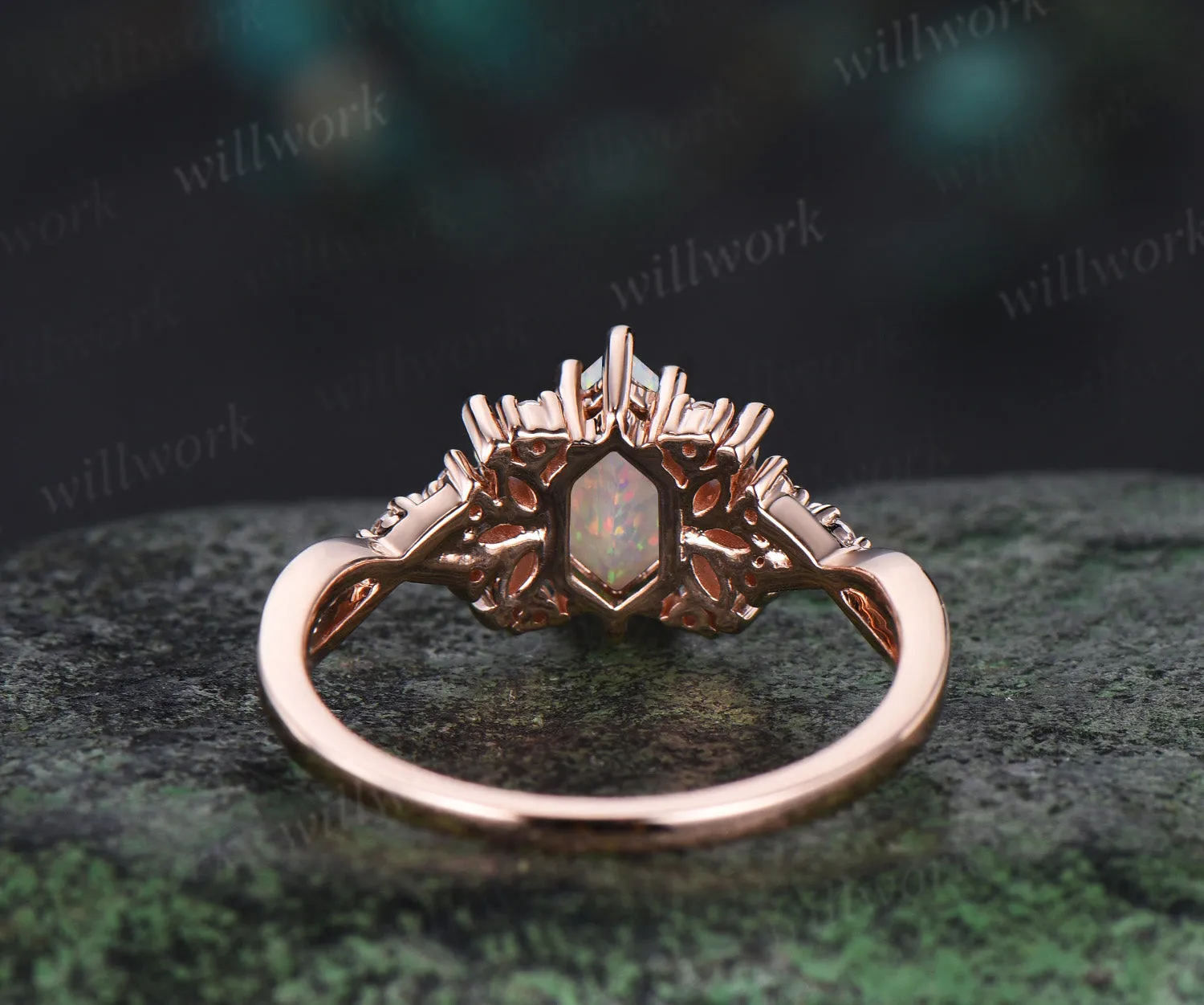 Vintage Long Hexagon cut white opal engagement ring cluster marquise cut opal wedding ring art deco infinity band ring for women sold by Willwork Jewelry product image thumbnail 5