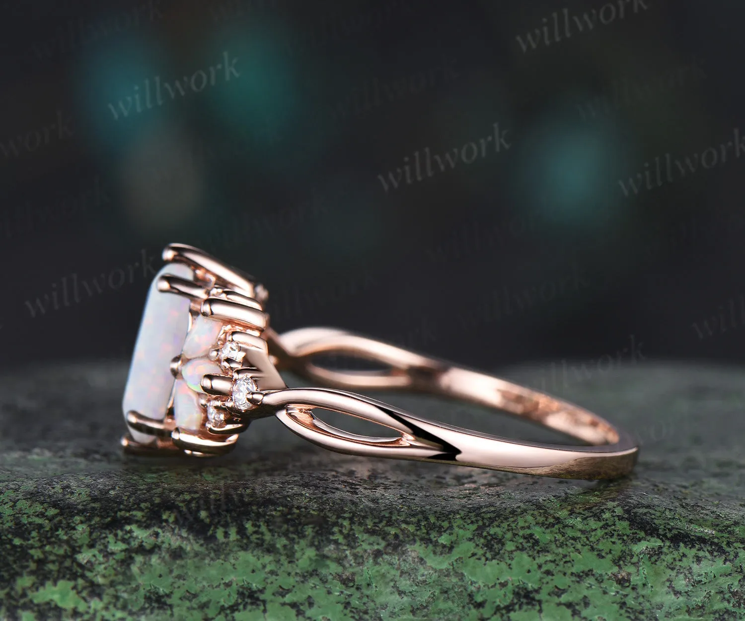 Vintage Long Hexagon cut white opal engagement ring cluster marquise cut opal wedding ring art deco infinity band ring for women sold by Willwork Jewelry product image thumbnail 4