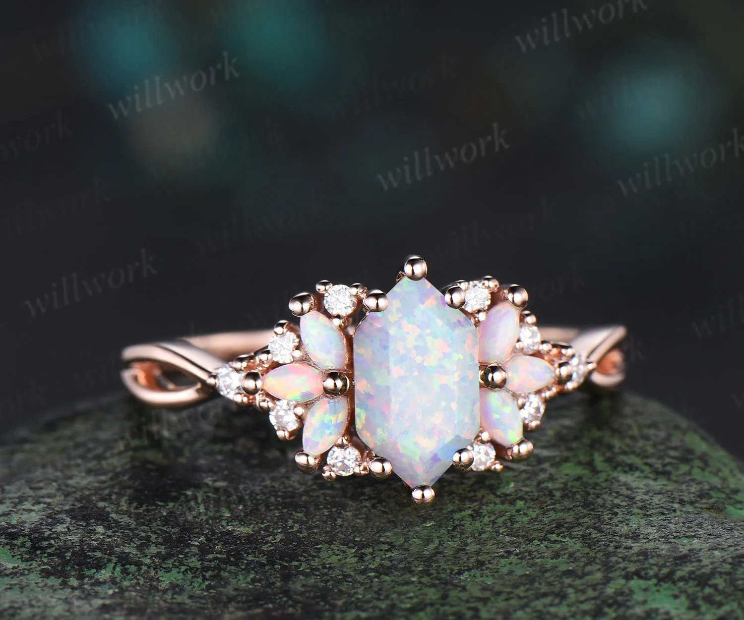 Vintage Long Hexagon cut white opal engagement ring cluster marquise cut opal wedding ring art deco infinity band ring for women sold by Willwork Jewelry product image thumbnail 2