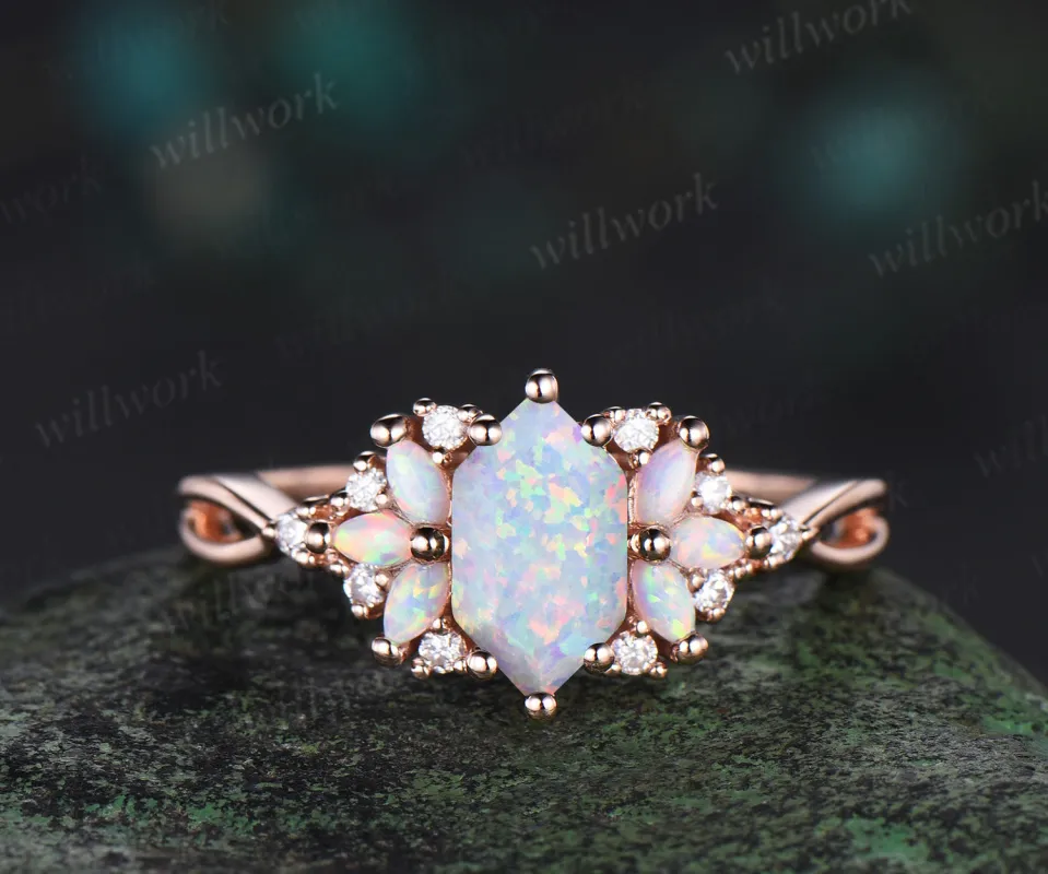 Vintage Long Hexagon cut white opal engagement ring cluster marquise cut opal wedding ring art deco infinity band ring for women sold by Willwork Jewelry