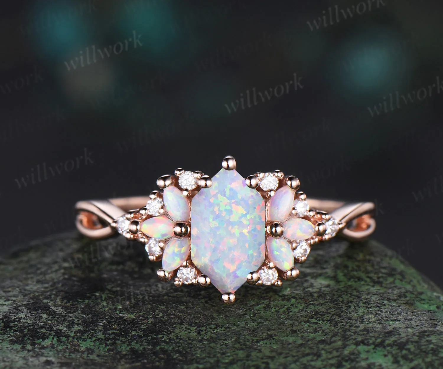 Vintage Long Hexagon cut white opal engagement ring cluster marquise cut opal wedding ring art deco infinity band ring for women sold by Willwork Jewelry