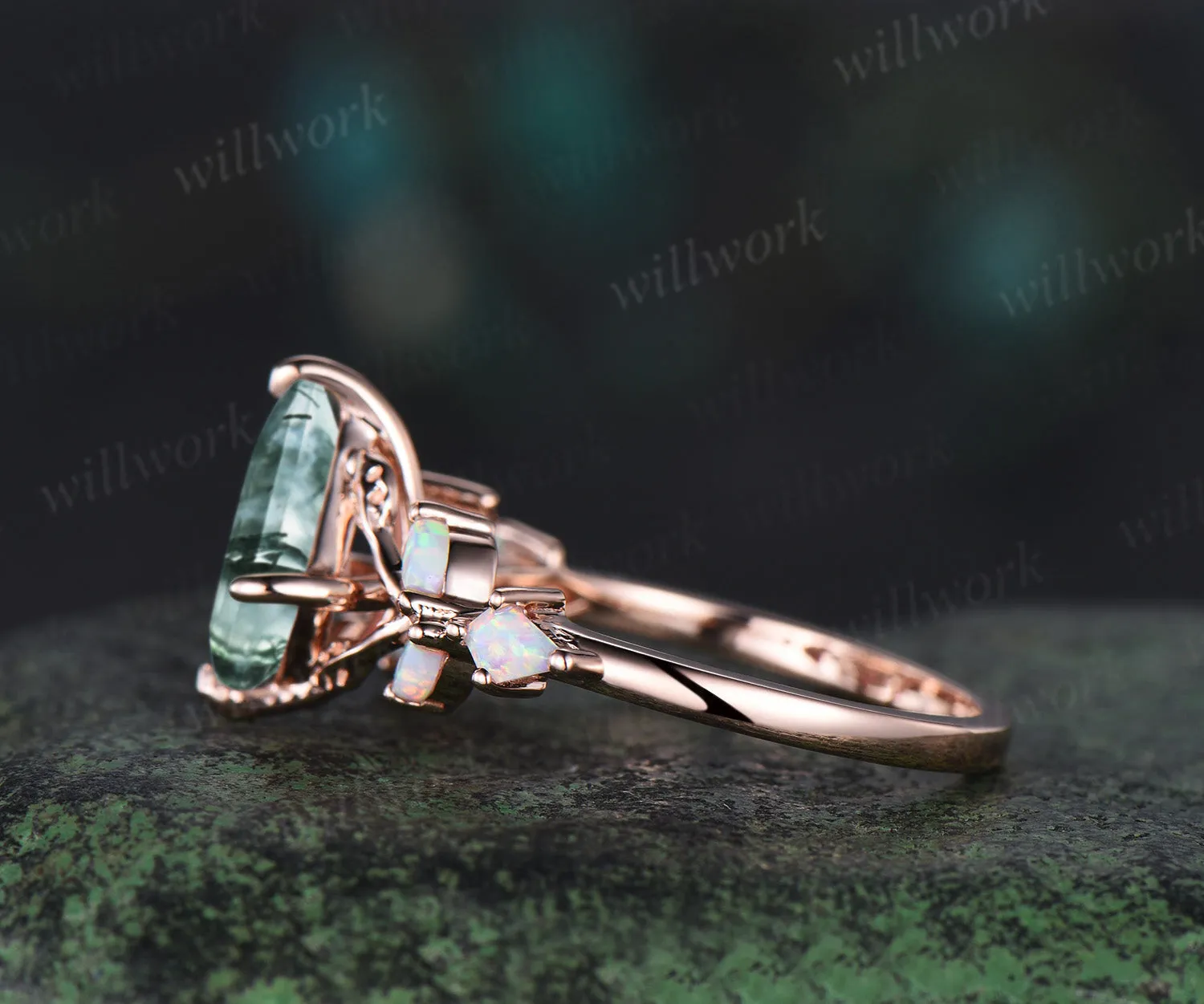 Unique kite cut moss agate engagement ring leaf kite opal ring 14k rose gold art deco promise anniversary gift sold by Willwork Jewelry product image thumbnail 5