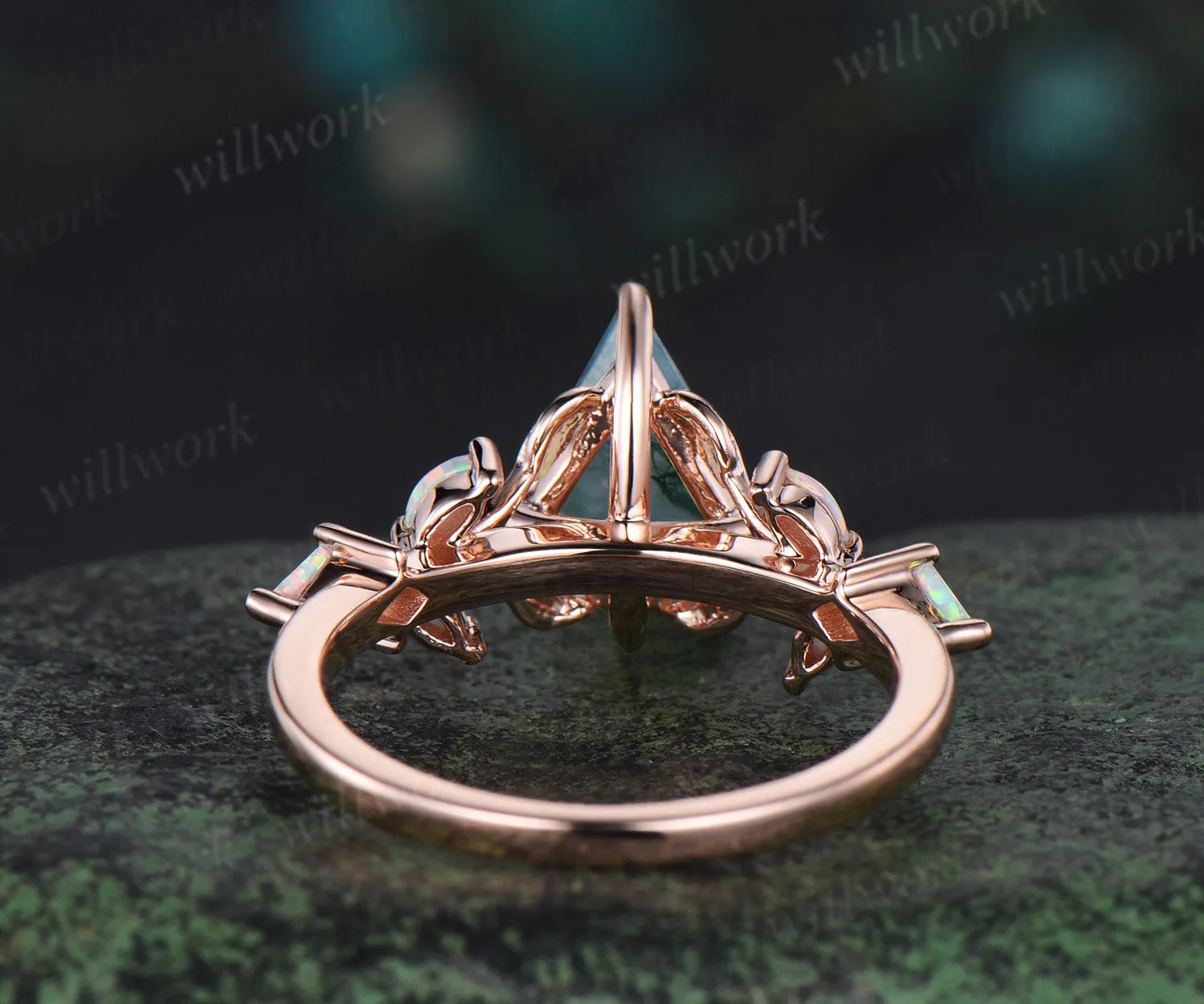 Unique kite cut moss agate engagement ring leaf kite opal ring 14k rose gold art deco promise anniversary gift sold by Willwork Jewelry product image thumbnail 4