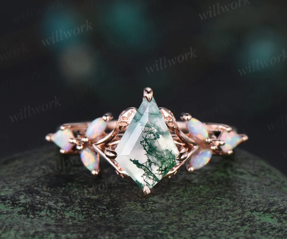 Unique kite cut moss agate engagement ring leaf kite opal ring 14k rose gold art deco promise anniversary gift sold by Willwork Jewelry