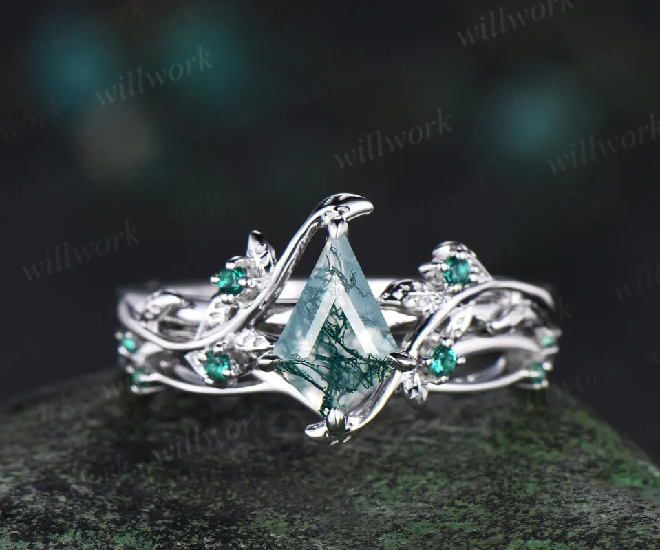 kite cut natural moss agate engagement ring set nature inspired 14k white gold twig leaf emerald wedding band bridal ring set women sold by Willwork Jewelry