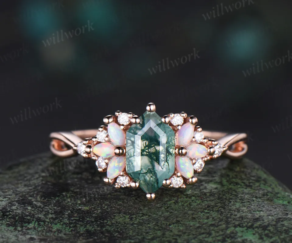Vintage Long Hexagon cut green moss agate engagement ring cluster marquise cut opal wedding ring art deco infinity band ring for women sold by Willwork Jewelry