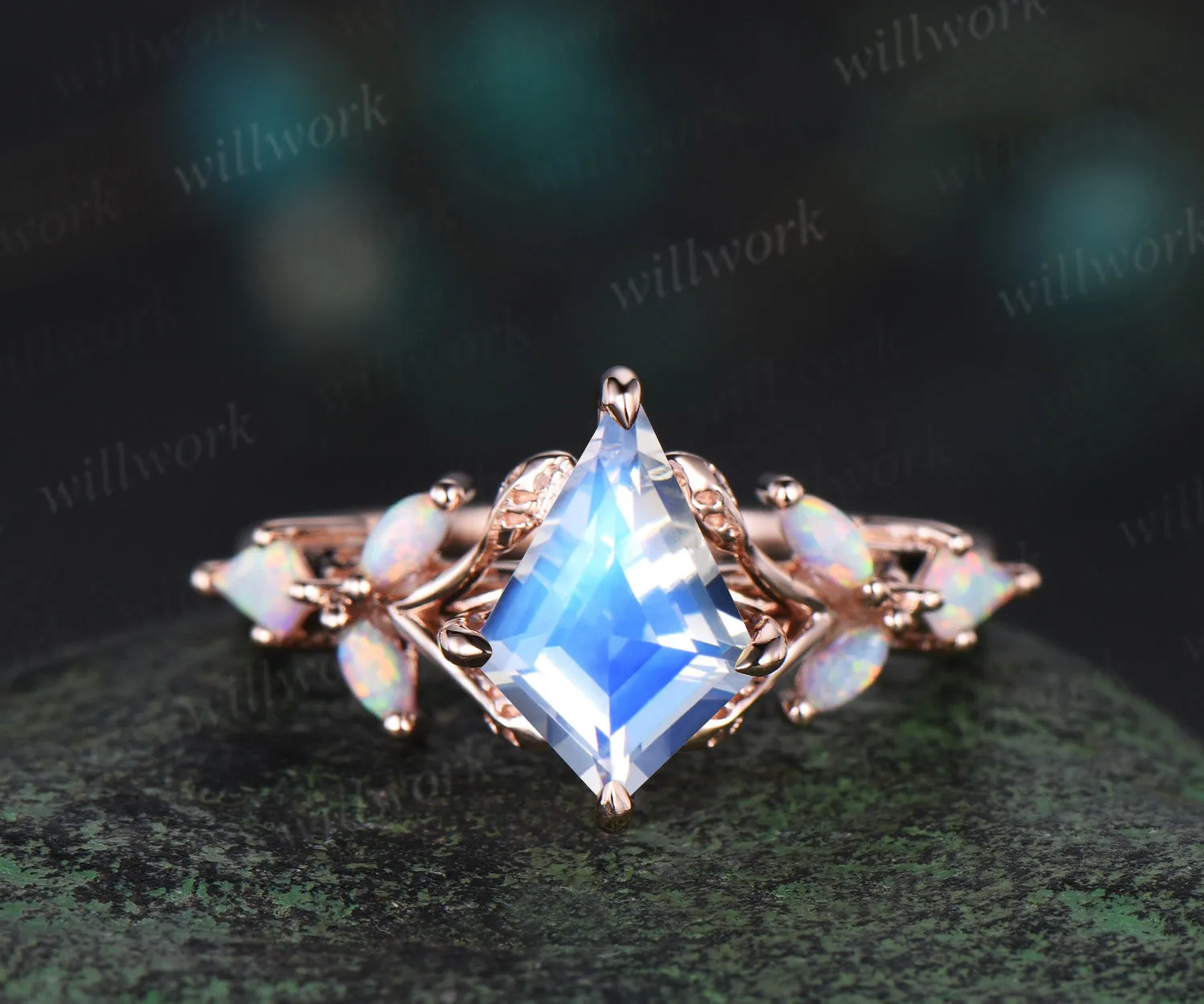 Unique kite cut natural moonstone engagement ring leaf cluster opal ring 14k rose gold antique promise wedding ring women jewelry sold by Willwork Jewelry