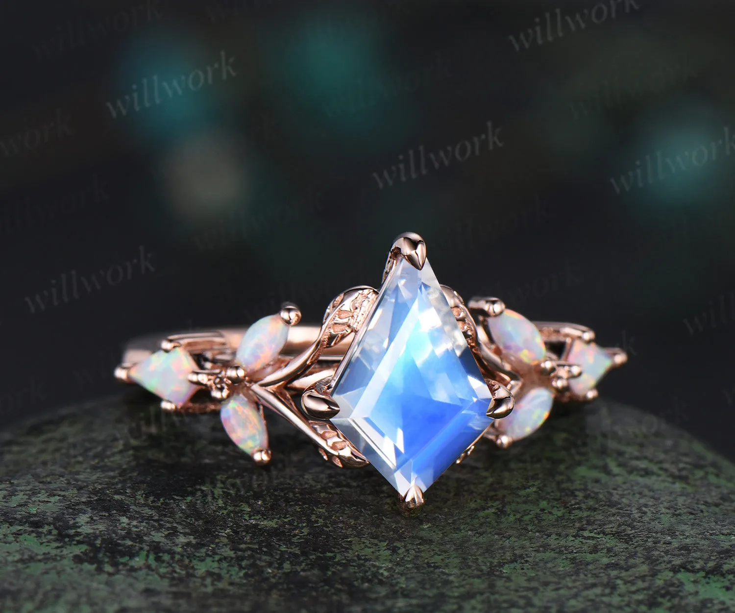 Unique kite cut natural moonstone engagement ring leaf cluster opal ring 14k rose gold antique promise wedding ring women jewelry sold by Willwork Jewelry product image thumbnail 2