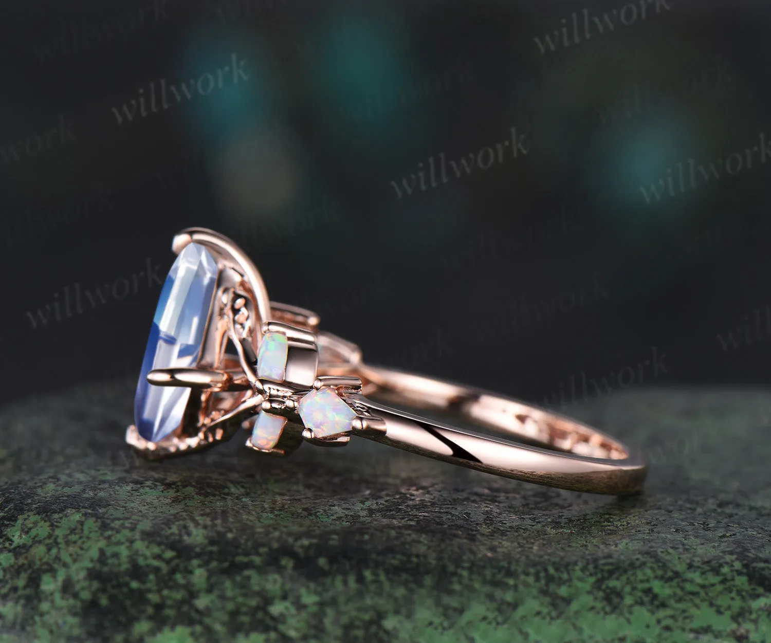 Unique kite cut natural moonstone engagement ring leaf cluster opal ring 14k rose gold antique promise wedding ring women jewelry sold by Willwork Jewelry product image thumbnail 5
