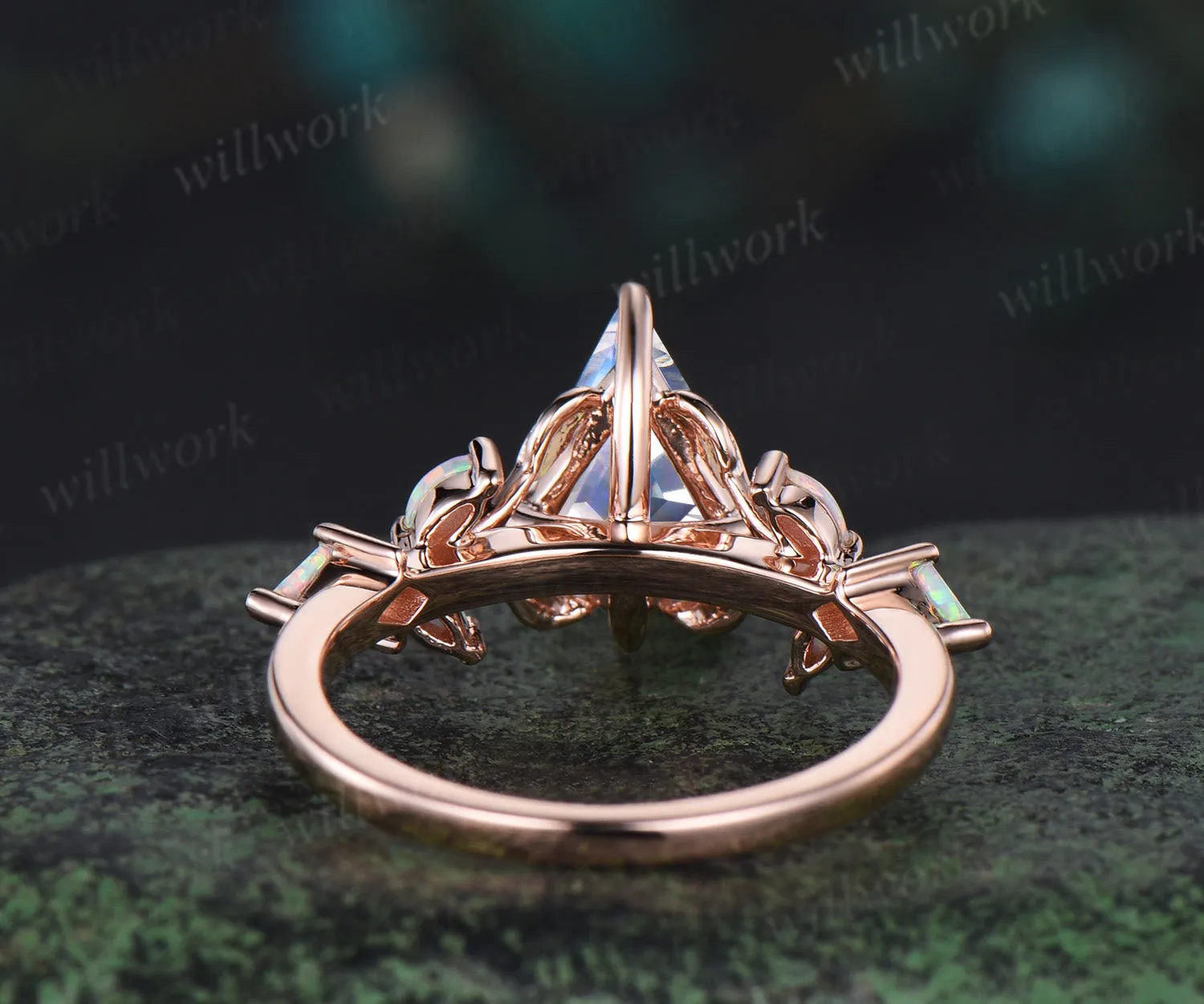 Unique kite cut natural moonstone engagement ring leaf cluster opal ring 14k rose gold antique promise wedding ring women jewelry sold by Willwork Jewelry product image thumbnail 4
