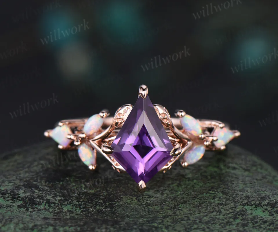Unique kite cut amethyst engagement ring leaf kite opal ring 14k rose gold art deco promise anniversary gift sold by Willwork Jewelry