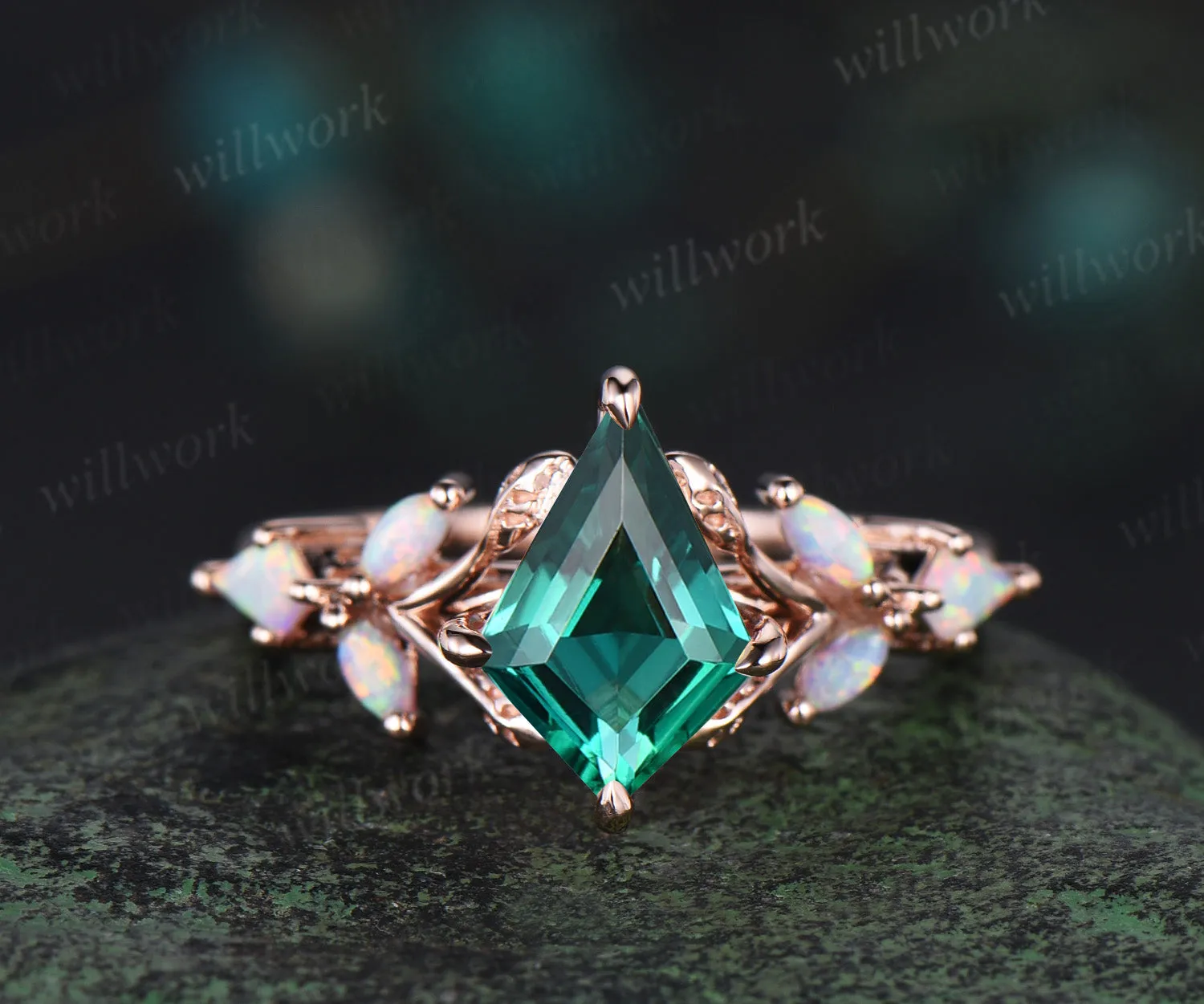 Unique kite cut emerald engagement ring leaf kite opal ring 14k rose gold art deco promise anniversary gift sold by Willwork Jewelry