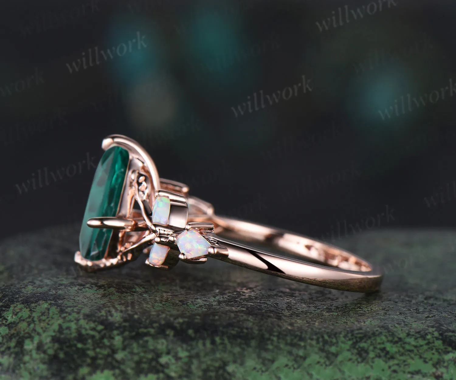 Unique kite cut emerald engagement ring leaf kite opal ring 14k rose gold art deco promise anniversary gift sold by Willwork Jewelry product image thumbnail 5