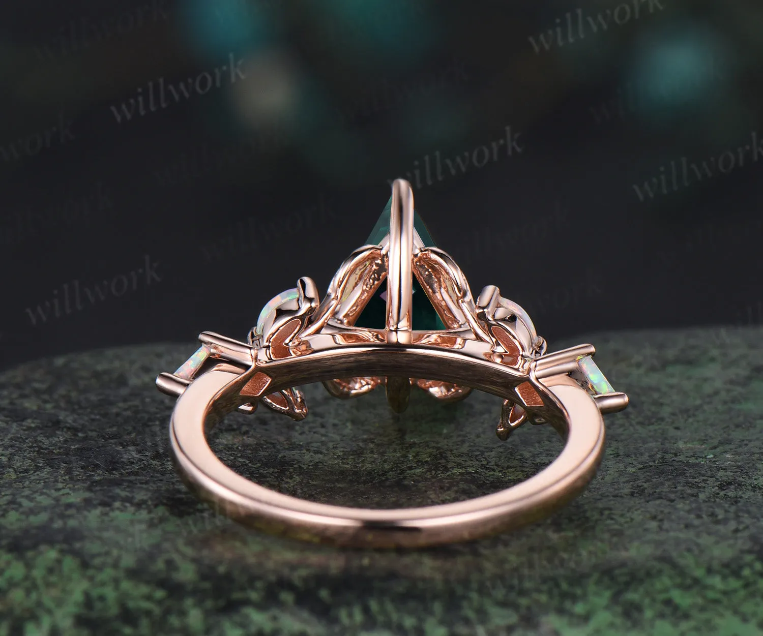 Unique kite cut emerald engagement ring leaf kite opal ring 14k rose gold art deco promise anniversary gift sold by Willwork Jewelry product image thumbnail 4