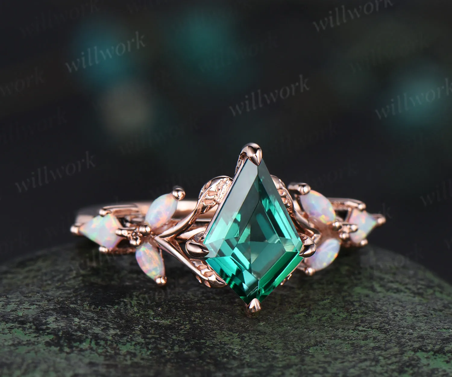 Unique kite cut emerald engagement ring leaf kite opal ring 14k rose gold art deco promise anniversary gift sold by Willwork Jewelry product image thumbnail 2