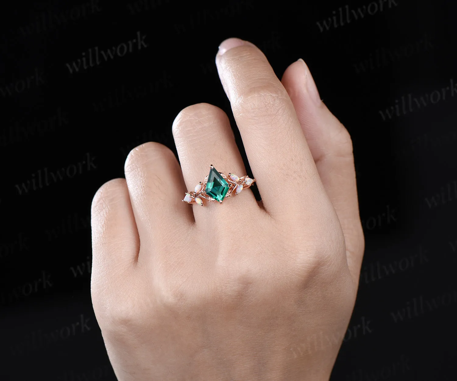 Unique kite cut emerald engagement ring leaf kite opal ring 14k rose gold art deco promise anniversary gift sold by Willwork Jewelry product image thumbnail 3