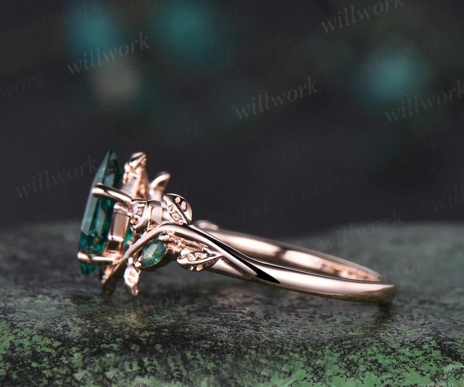 Kite cut emerald ring moon leaf nature inspired engagement ring solid 14k rose gold moss agate wedding ring women sold by Willwork Jewelry product image thumbnail 4