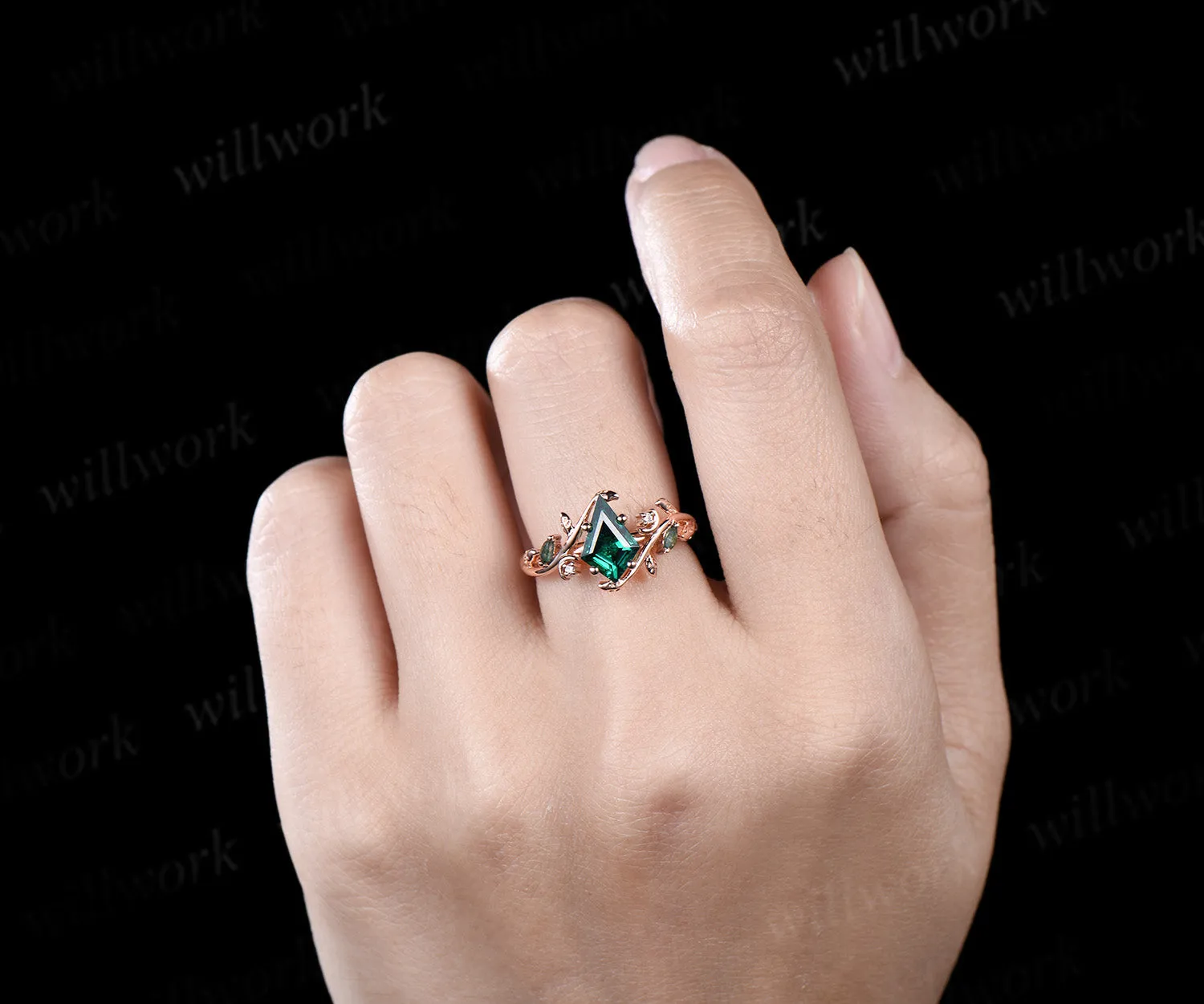 Kite cut emerald ring moon leaf nature inspired engagement ring solid 14k rose gold moss agate wedding ring women sold by Willwork Jewelry product image thumbnail 3