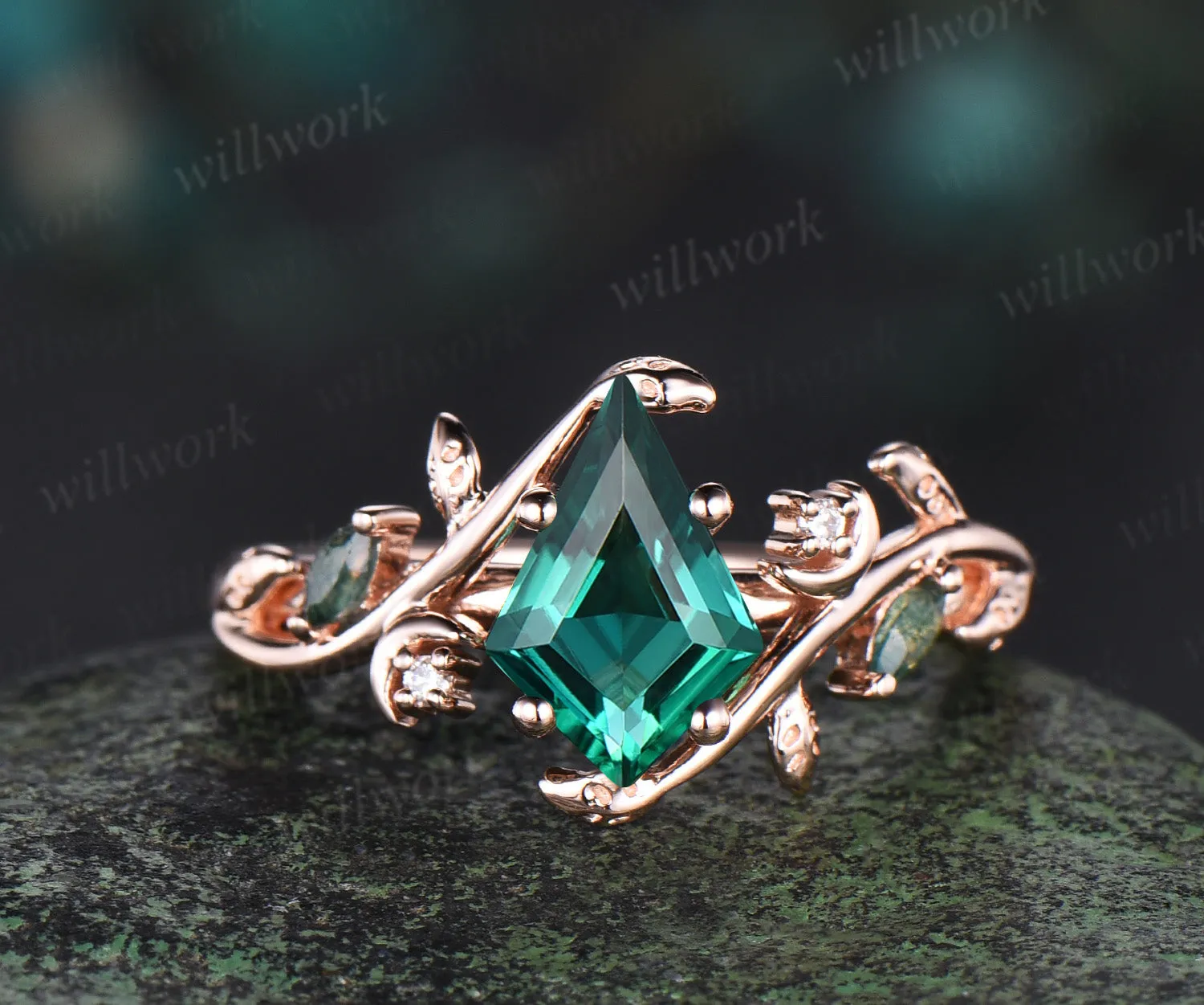 Kite cut emerald ring moon leaf nature inspired engagement ring solid 14k rose gold moss agate wedding ring women sold by Willwork Jewelry