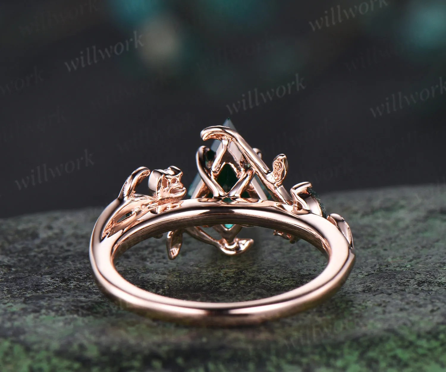 Kite cut emerald ring moon leaf nature inspired engagement ring solid 14k rose gold moss agate wedding ring women sold by Willwork Jewelry product image thumbnail 5