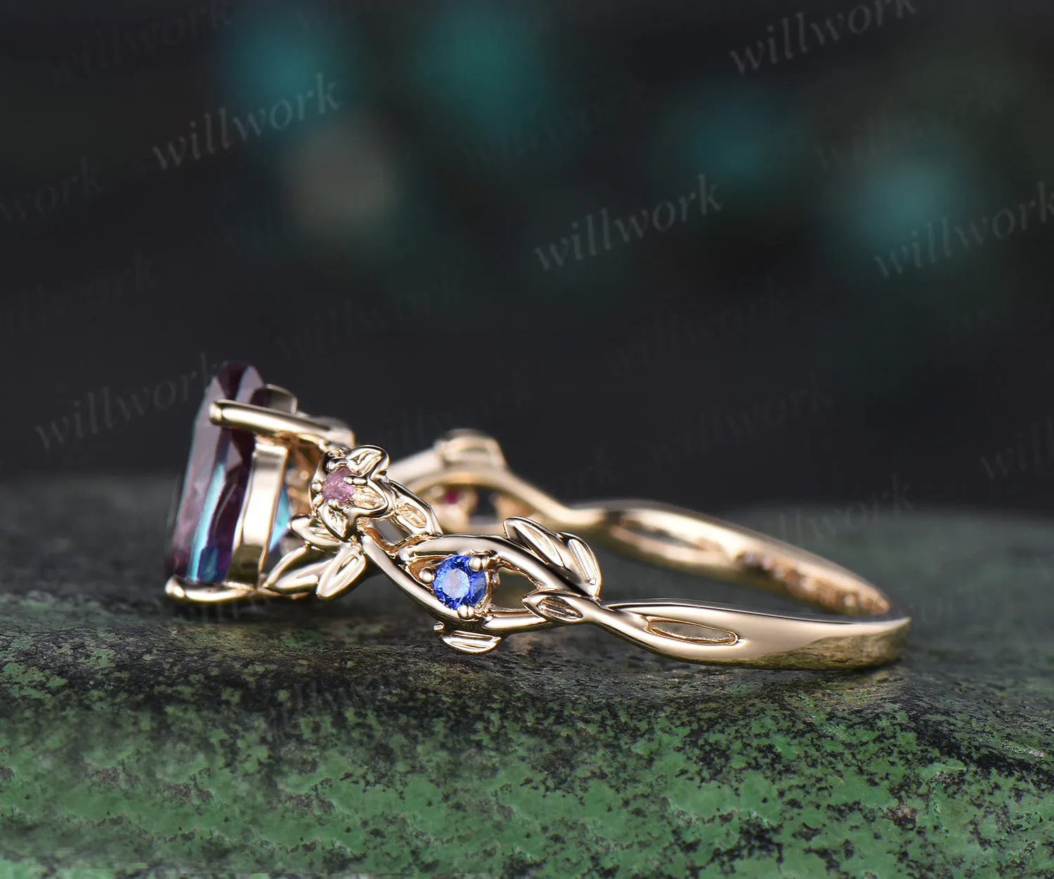 Pear alexandrite ring yellow gold amethyst ruby sapphire infinity leaf floral engagement ring antique wedding ring sold by Willwork Jewelry product image thumbnail 4