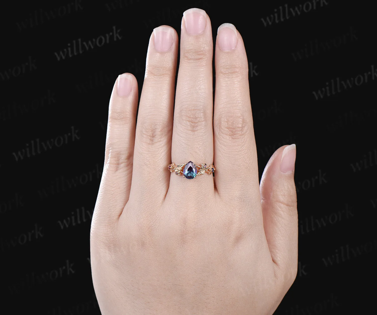 Pear alexandrite ring yellow gold amethyst ruby sapphire infinity leaf floral engagement ring antique wedding ring sold by Willwork Jewelry product image thumbnail 3