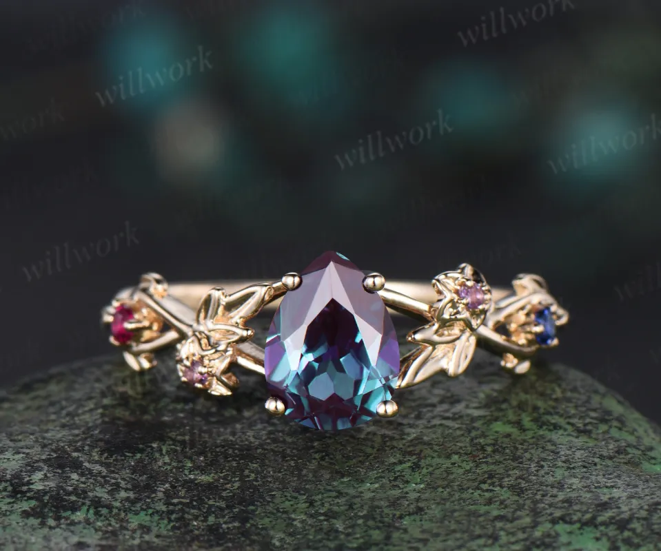 Pear alexandrite ring yellow gold amethyst ruby sapphire infinity leaf floral engagement ring antique wedding ring sold by Willwork Jewelry