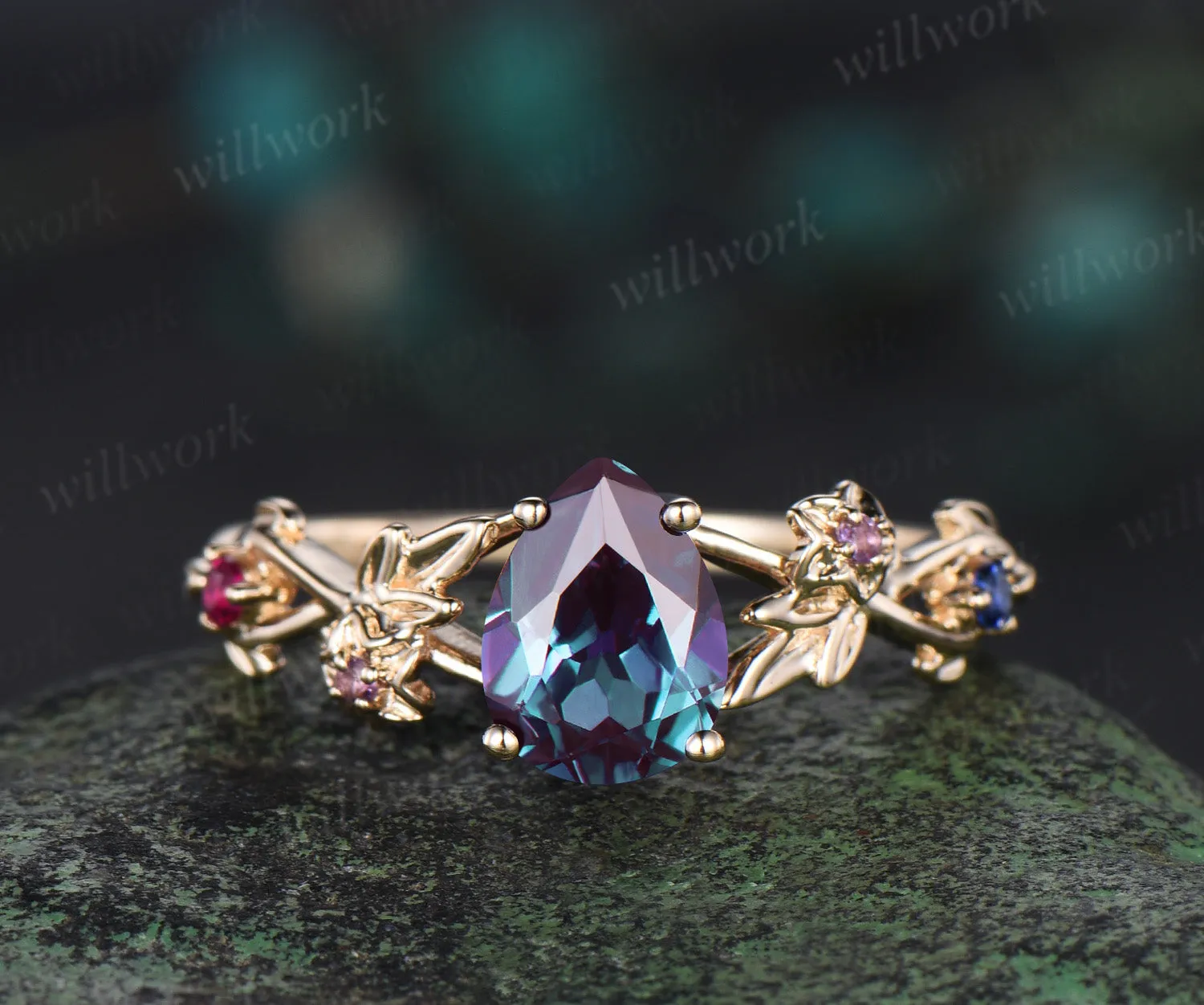 Pear alexandrite ring yellow gold amethyst ruby sapphire infinity leaf floral engagement ring antique wedding ring sold by Willwork Jewelry