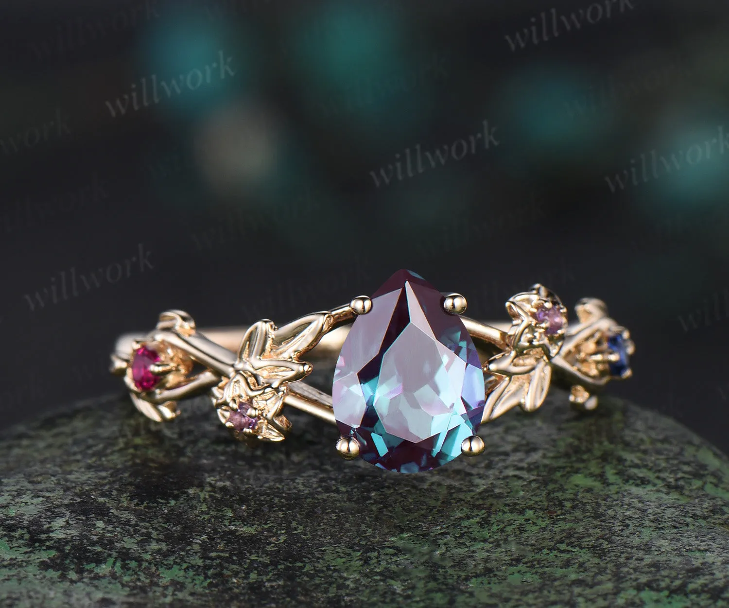 Pear alexandrite ring yellow gold amethyst ruby sapphire infinity leaf floral engagement ring antique wedding ring sold by Willwork Jewelry product image thumbnail 2