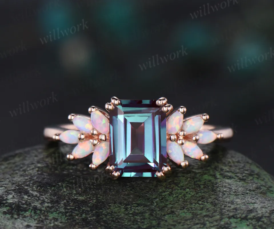 Emerald cut alexandrite ring cluster marquise opal ring women 14k rose gold unique Engagement Ring dainty promise ring her sold by Willwork Jewelry