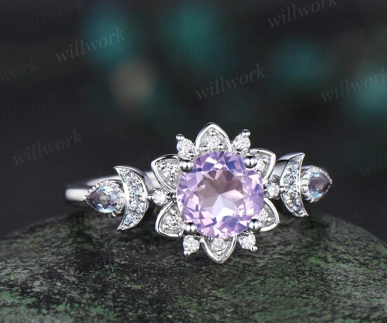Round cut Lavender Amethyst engagement ring cluster floral alexandrite ring moon halo diamond ring women 14k white gold anniversary gift sold by Willwork Jewelry product image thumbnail 2