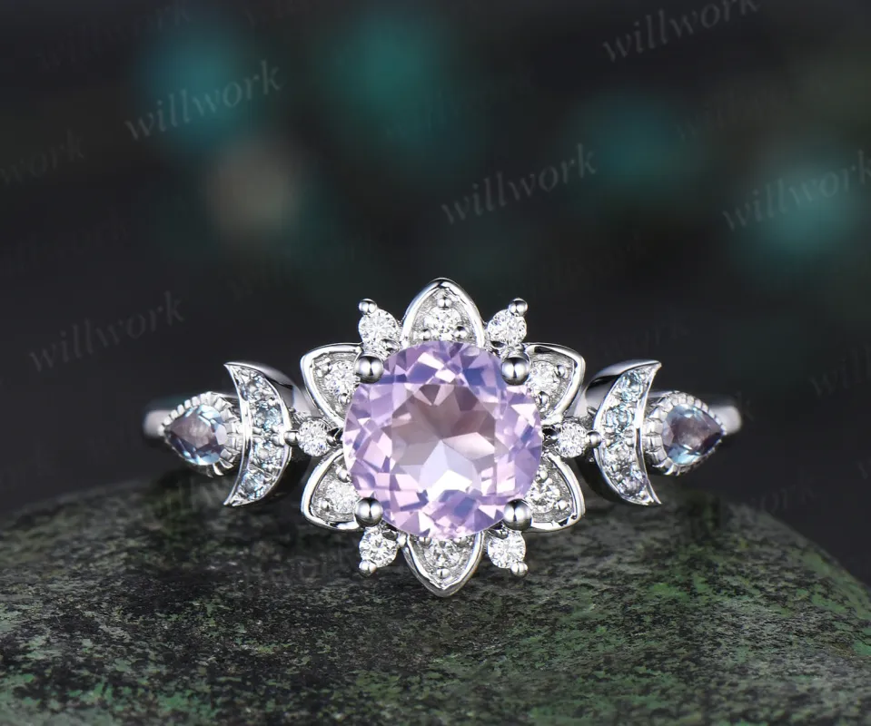 Round cut Lavender Amethyst engagement ring cluster floral alexandrite ring moon halo diamond ring women 14k white gold anniversary gift sold by Willwork Jewelry
