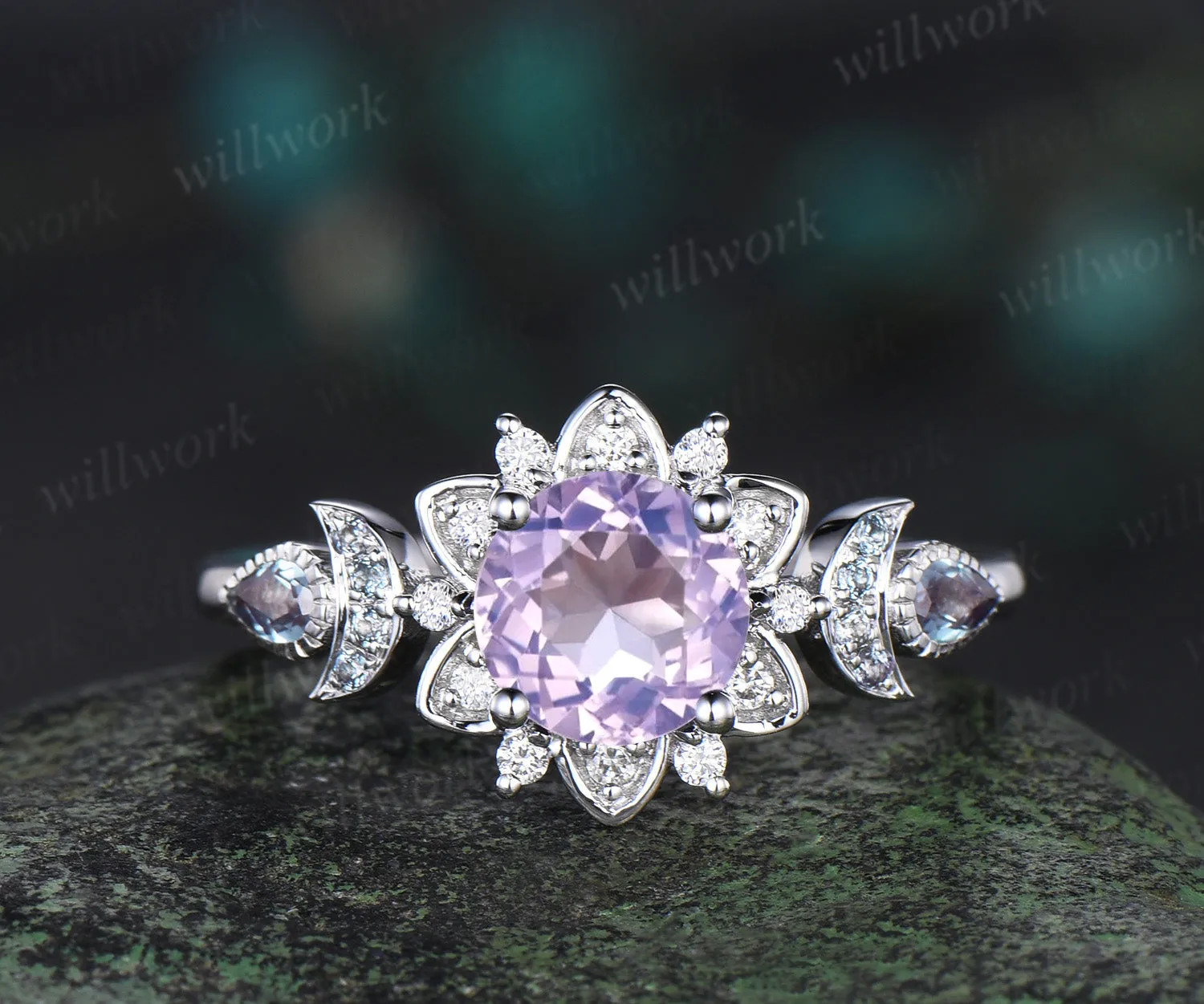 Round cut Lavender Amethyst engagement ring cluster floral alexandrite ring moon halo diamond ring women 14k white gold anniversary gift sold by Willwork Jewelry
