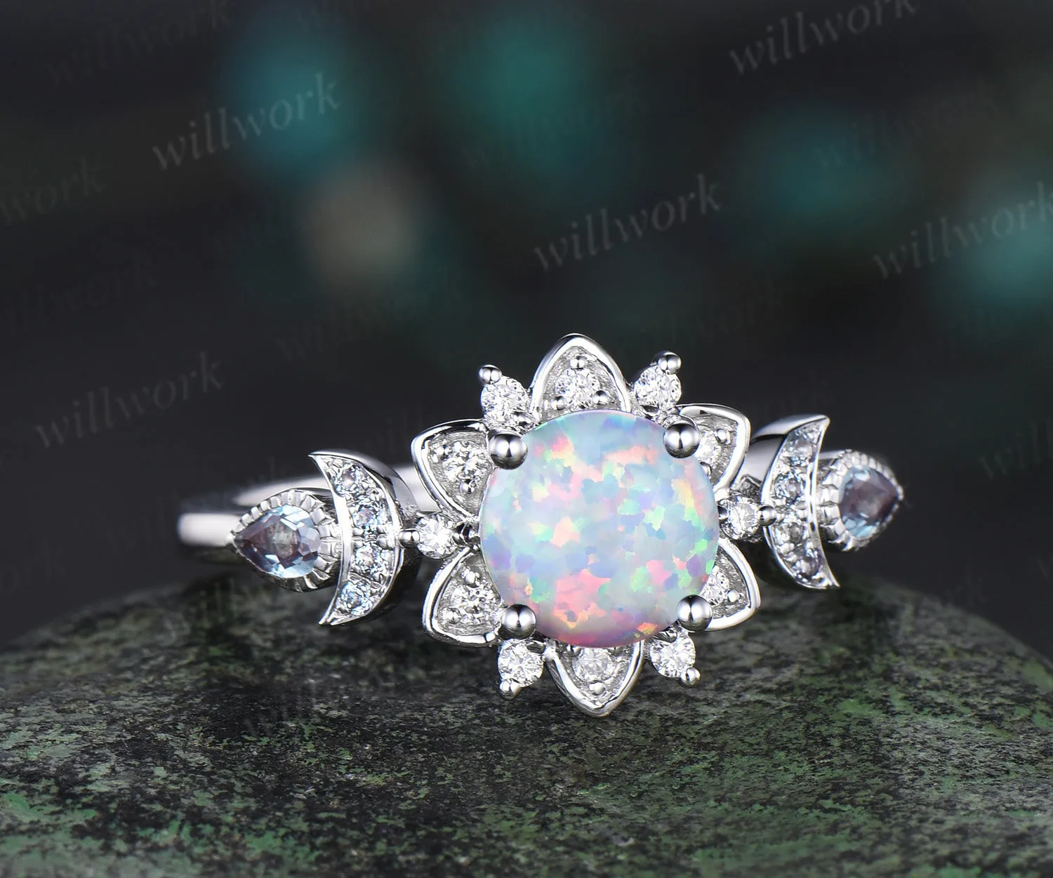 Round opal engagement ring cluster floral alexandrite ring moon halo diamond wedding ring women 14k white gold anniversary gift sold by Willwork Jewelry product image thumbnail 2