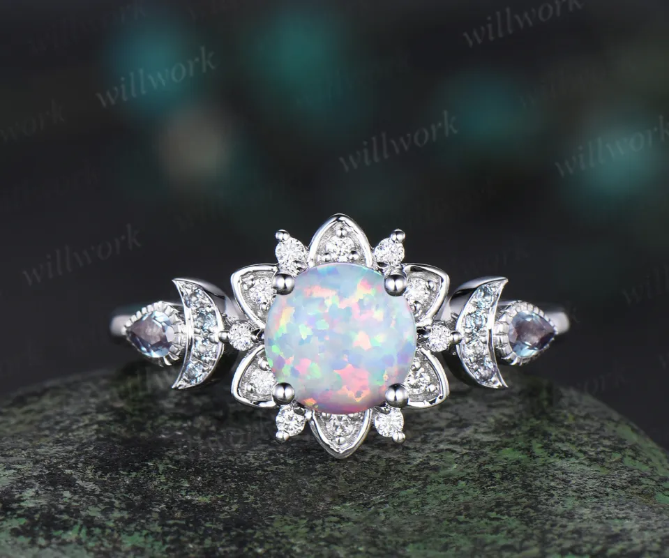 Round opal engagement ring cluster floral alexandrite ring moon halo diamond wedding ring women 14k white gold anniversary gift made by Willwork Jewelry