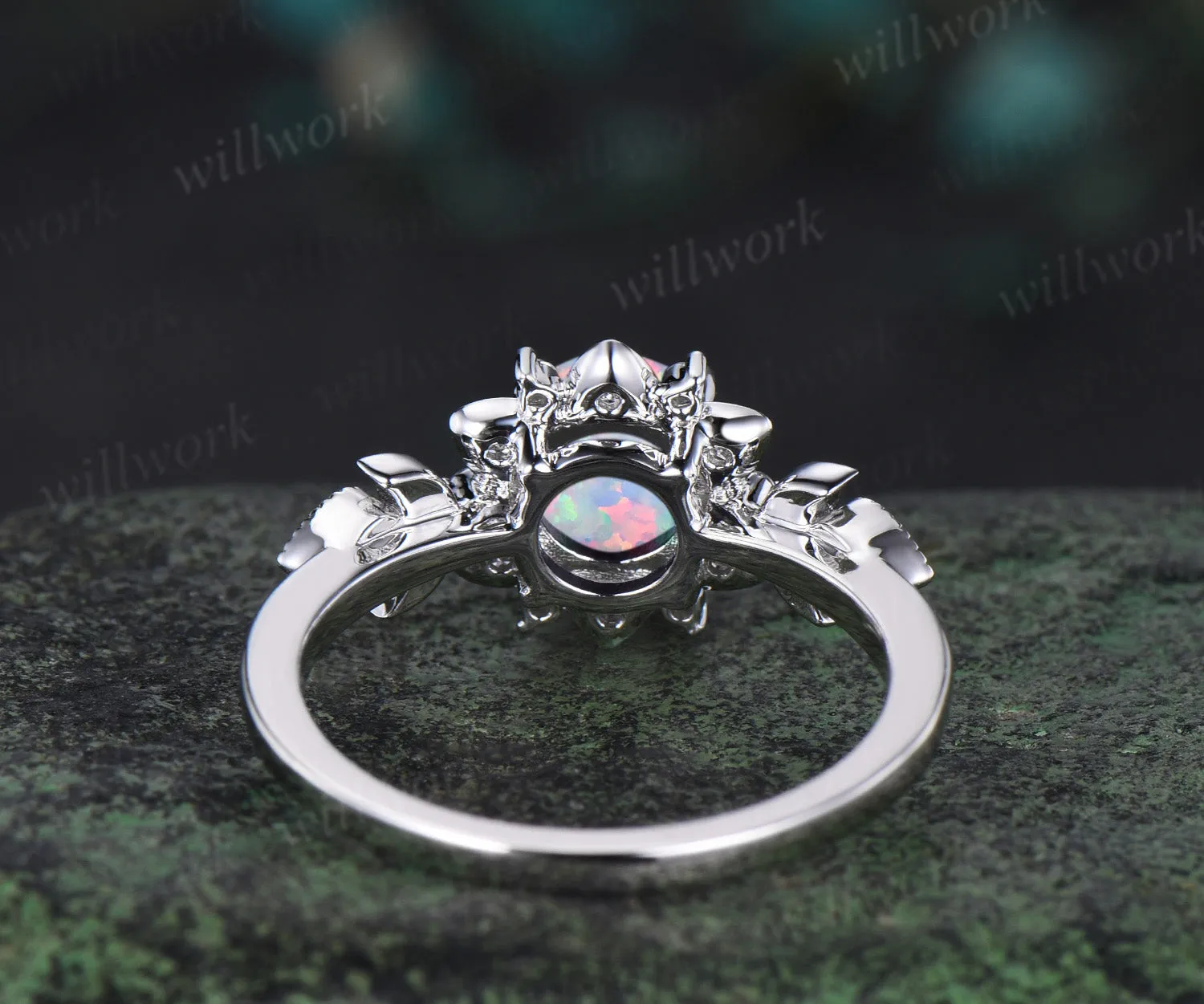 Round opal engagement ring cluster floral alexandrite ring moon halo diamond wedding ring women 14k white gold anniversary gift sold by Willwork Jewelry product image thumbnail 5