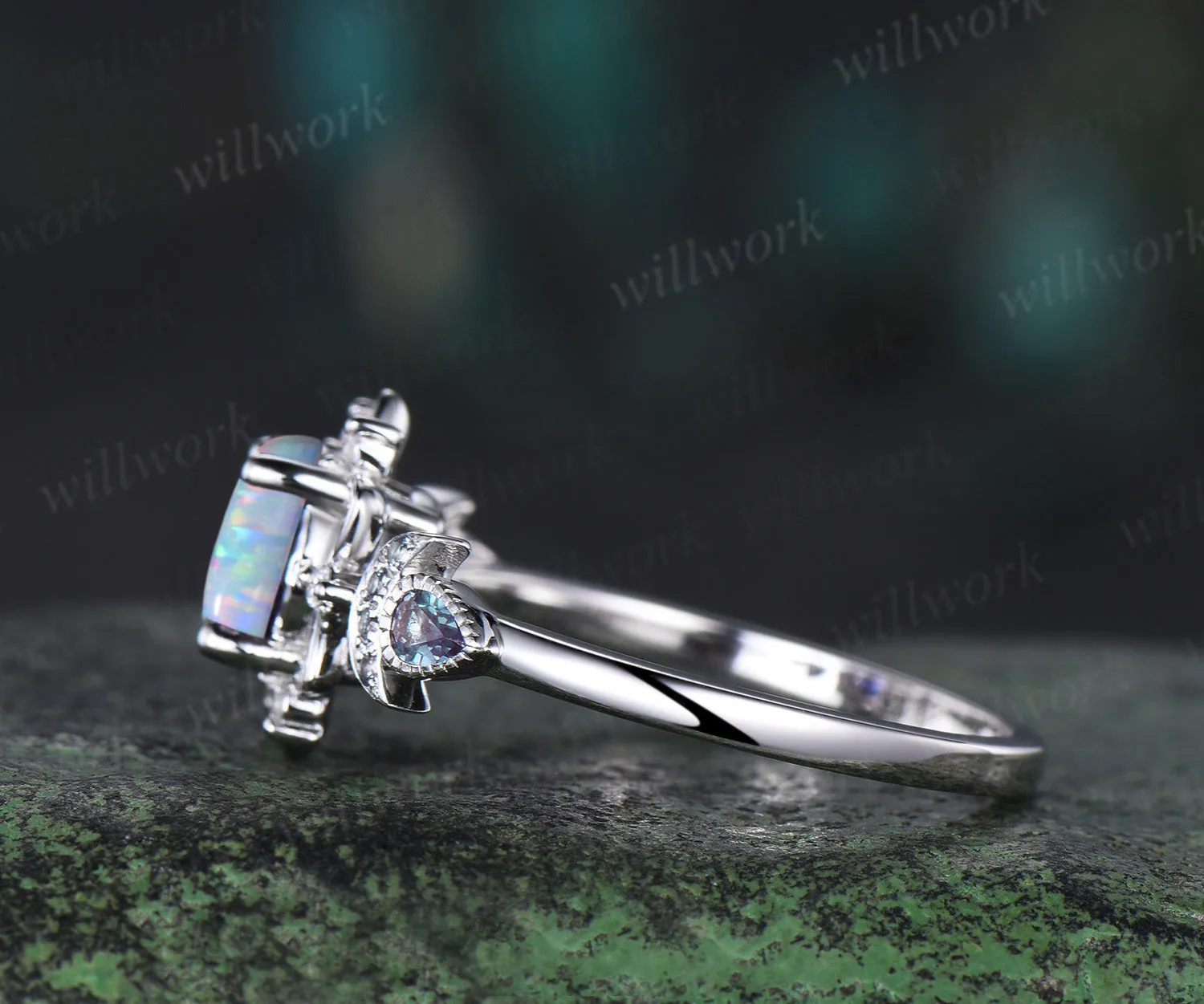 Round opal engagement ring cluster floral alexandrite ring moon halo diamond wedding ring women 14k white gold anniversary gift sold by Willwork Jewelry product image thumbnail 4