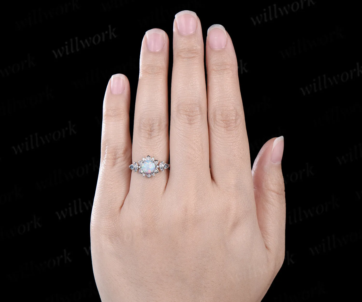 Round opal engagement ring cluster floral alexandrite ring moon halo diamond wedding ring women 14k white gold anniversary gift sold by Willwork Jewelry product image thumbnail 3