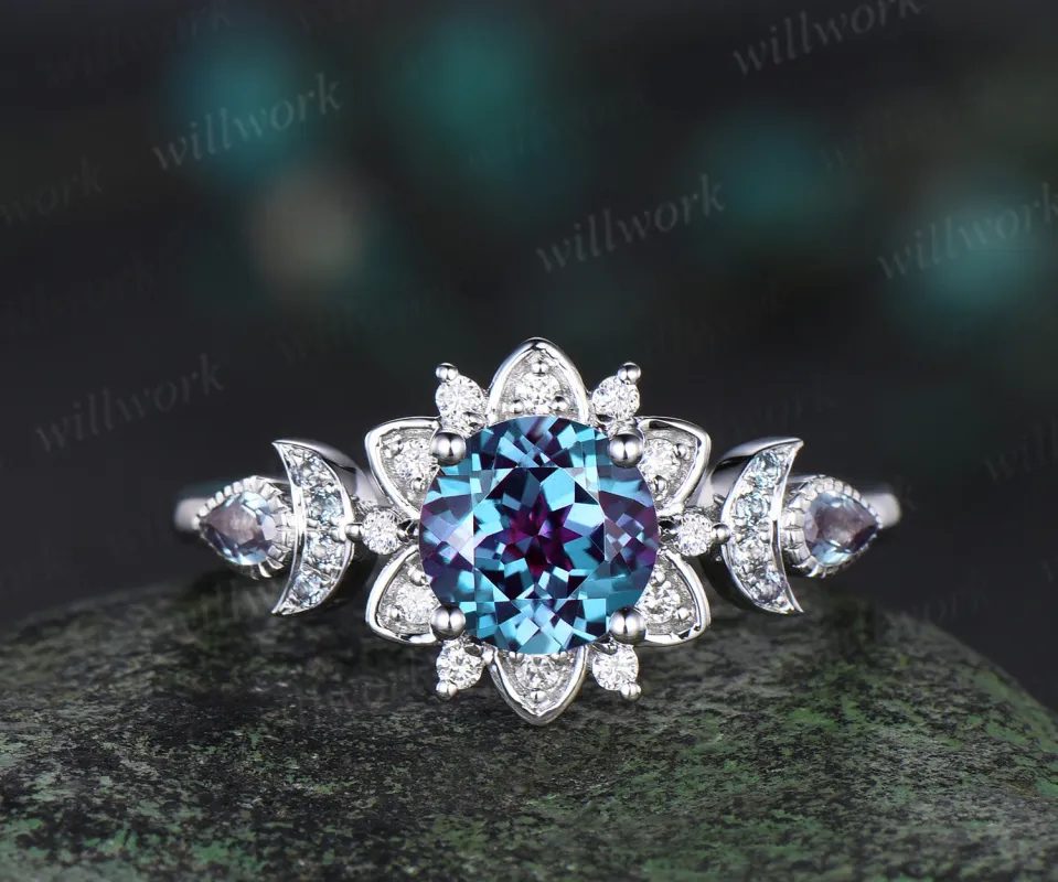 1ct Round cut Alexandrite engagement ring cluster floral moon halo diamond wedding ring women 14k white gold made by Willwork Jewelry