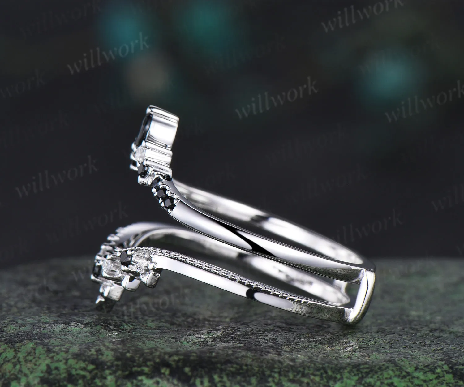 Double black spinel moissanite curved wedding band enhancer wraps 14k white gold stacking Lace anniversary ring gift sold by Willwork Jewelry product image thumbnail 4