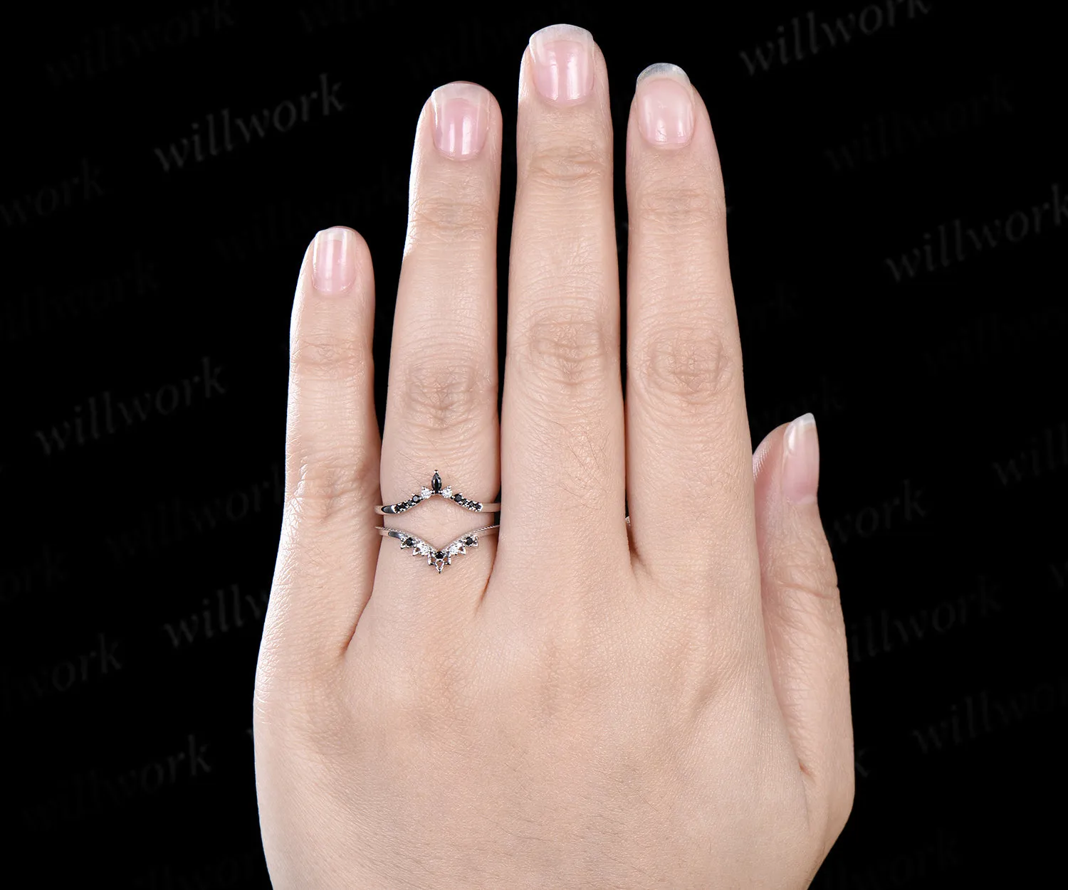 Double black spinel moissanite curved wedding band enhancer wraps 14k white gold stacking Lace anniversary ring gift sold by Willwork Jewelry product image thumbnail 3