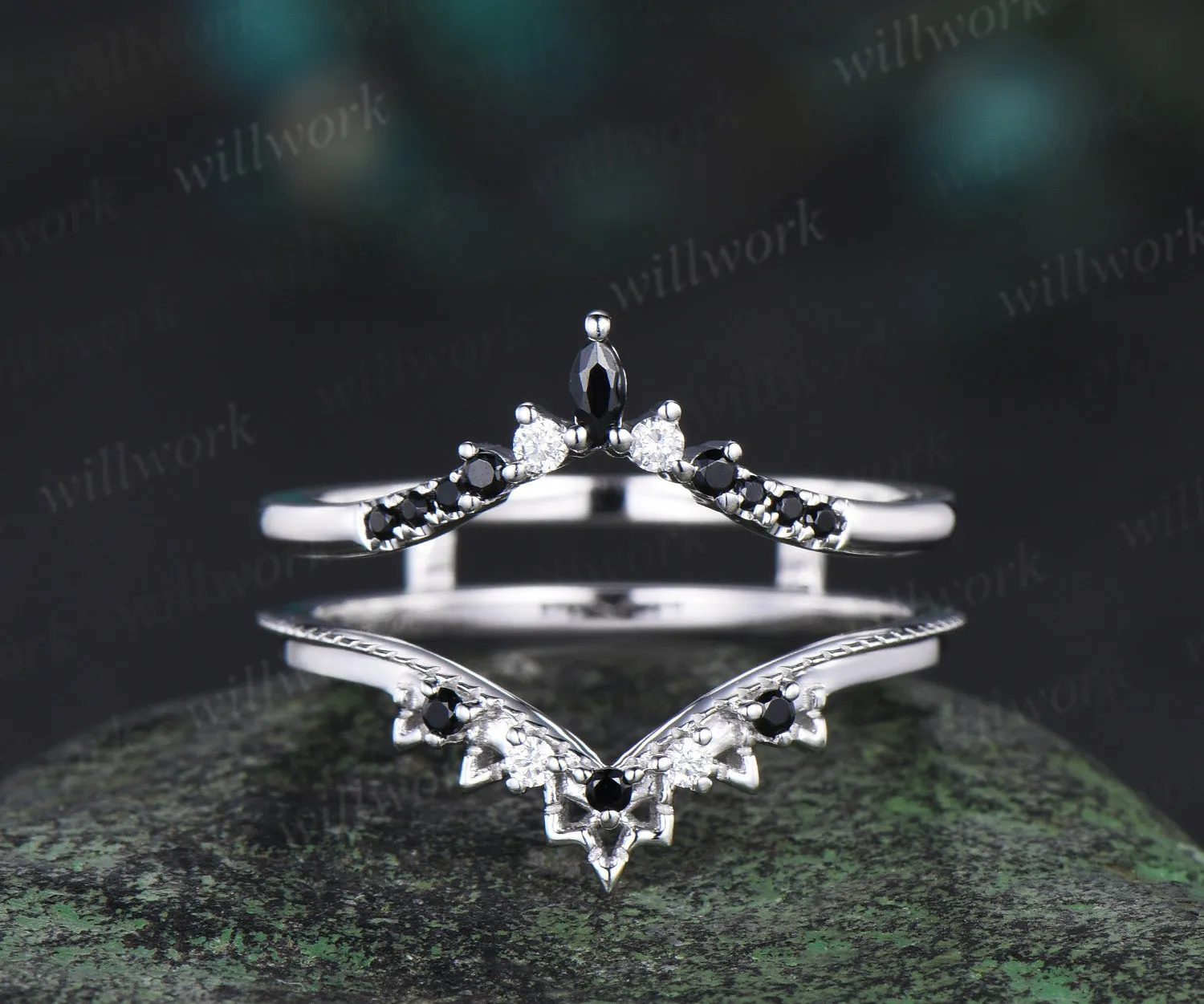 Double black spinel moissanite curved wedding band enhancer wraps 14k white gold stacking Lace anniversary ring gift sold by Willwork Jewelry