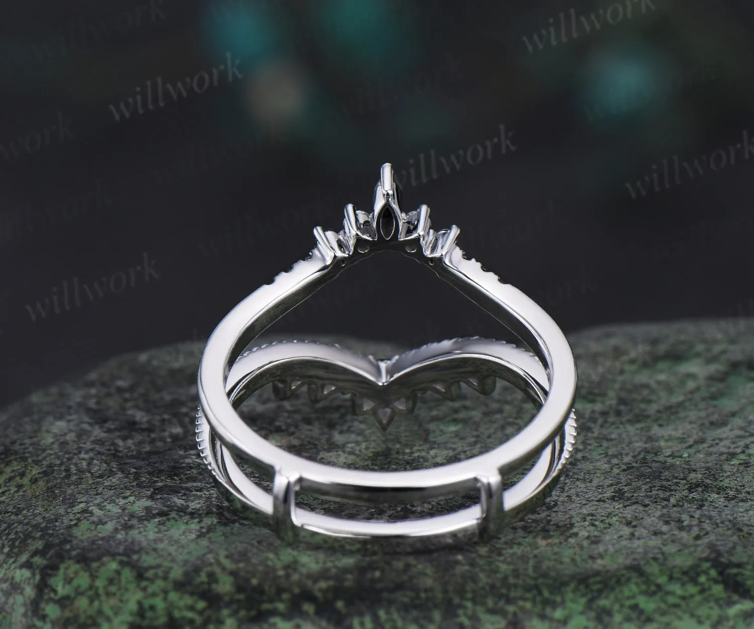 Double black spinel moissanite curved wedding band enhancer wraps 14k white gold stacking Lace anniversary ring gift sold by Willwork Jewelry product image thumbnail 5