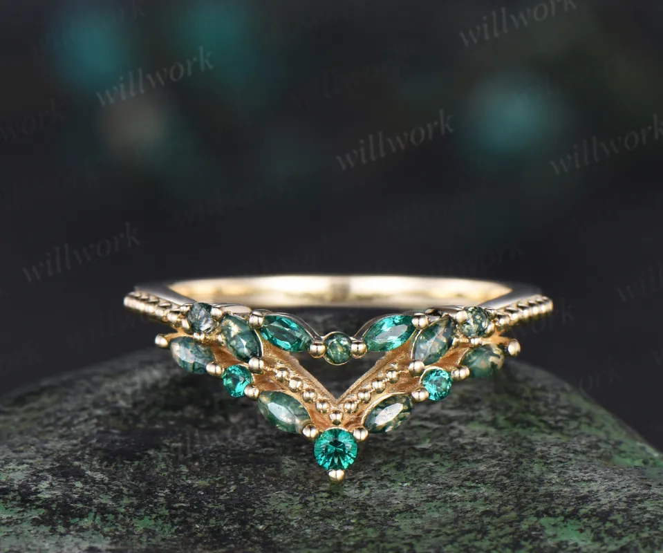 Marquise cut moss agate and emerald wedding band solid 14k yellow gold stacking Anniversary Ring women gift sold by Willwork Jewelry