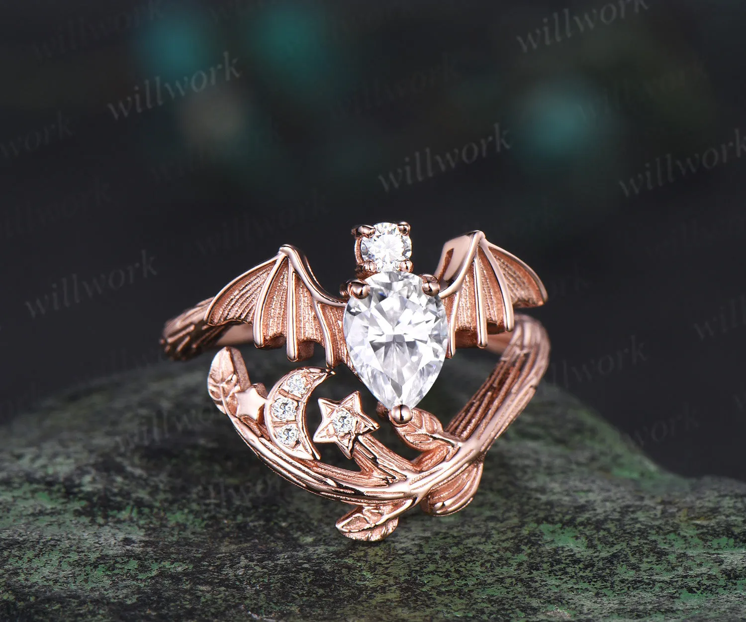 Pear shaped moissanite ring vintage rose gold moon bat engagement ring 14k rose gold retro leaf star diamond promise wedding ring women sold by Willwork Jewelry product image thumbnail 2